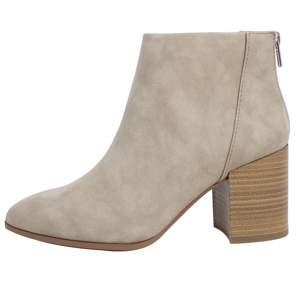 Taupe Faux Nubuck Leather Stacked Block Heel Booti - Picture 3 of 8